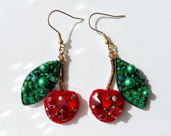 Cherry Dangle Earrings, Beaded Fruit Earrings, Unique Handmade Gift for Cherry Lover