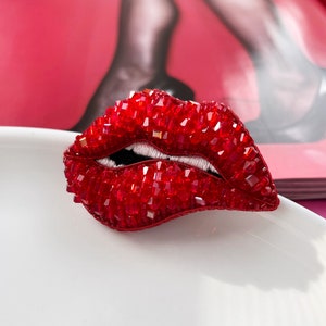 Lips Brooch Pin, Biting Lip Beaded Brooch, Handmade Crystal Red Lip Pin