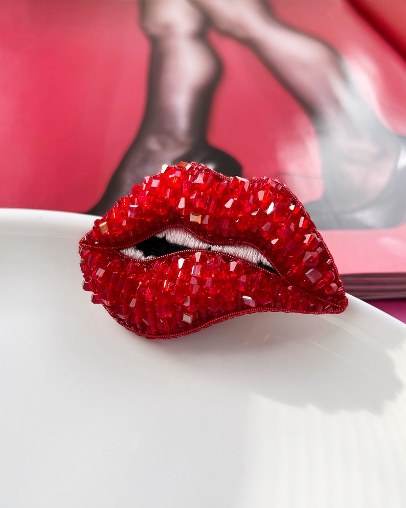 Lips brooch pin / biting lip beaded brooch / Women's day gift for her / quirky red lips / Make up artist Beautician Best friend gift image 1