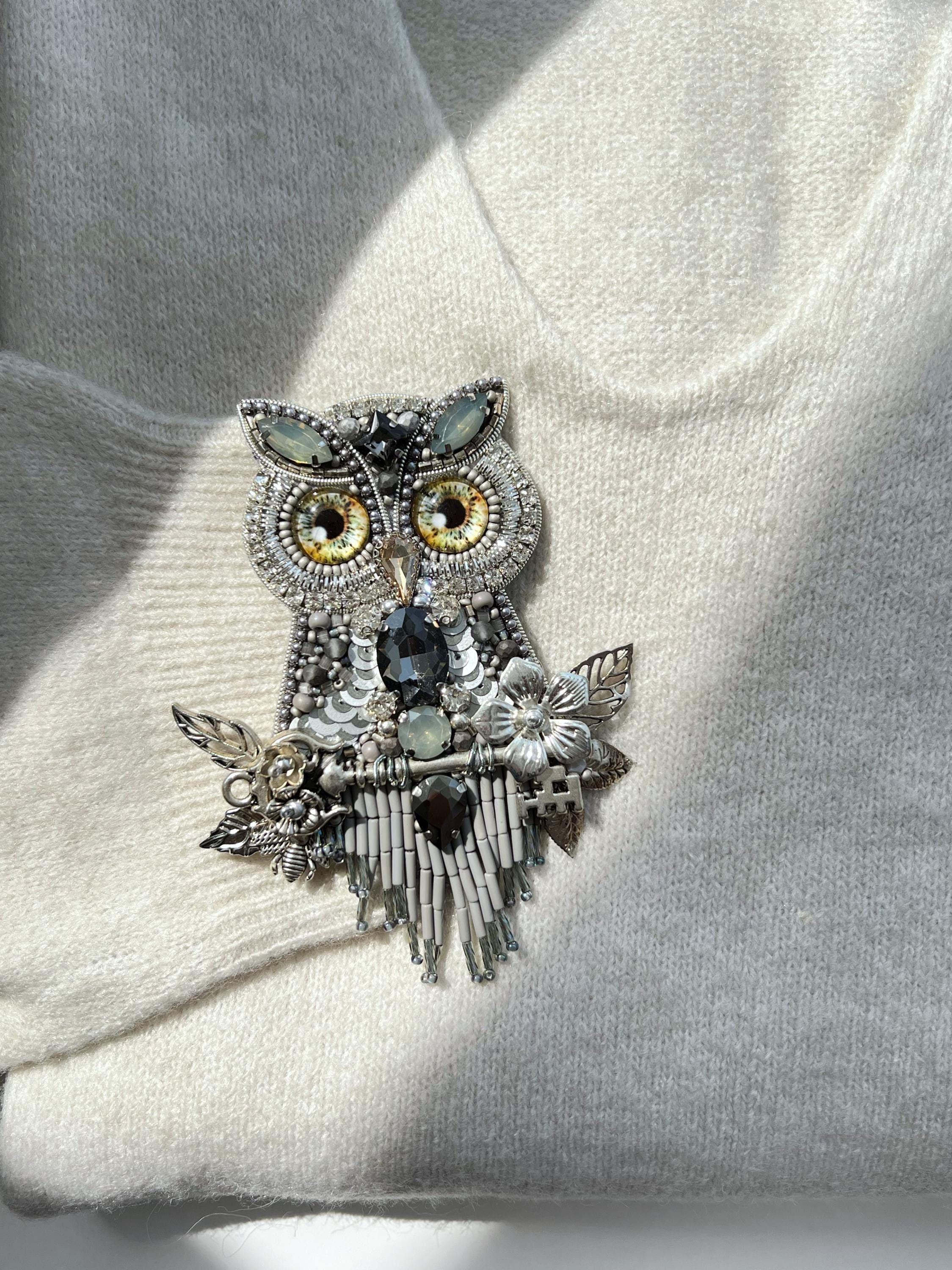 Owl Brooch Pin, Large Beaded Owl Pin, Handmade Bird Brooch, Whimsical Brooch, Christmas Gift for Owl