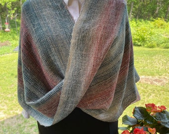 Turned Shawl/Mobius in Cotton/Acrylic yarn in colors of pale blues, greys and copper with a hit of metallic.