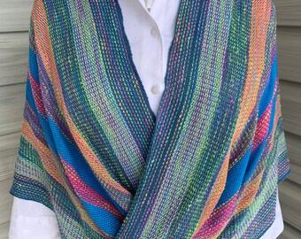 Mobius Hand Woven in blues, greens, light tangerine and purples. Bamboo yarn with hand dyed rayon boucle.