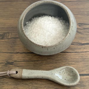 May include: A ceramic salt pig with a matching spoon. The round, grey-toned bowl is filled with coarse white salt. The spoon is light grey with a leather cord for hanging. The set is on a wooden surface.