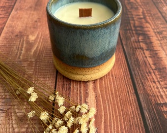 Ceramic container candle, handmade candle, wheel thrown pottery, ceramic gift, soy wax candle, hand poured, wooden wick, one of a kind gifts