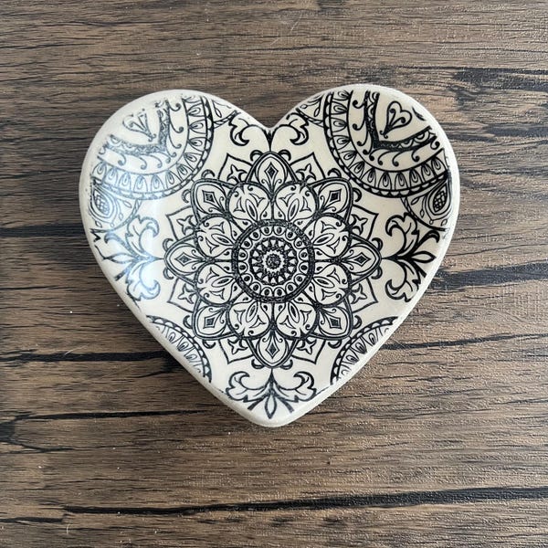 Handmade Heart Dish: Mandala Print Ceramic Trinket Dish