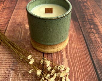 Ceramic container candle, handmade candle, wheel thrown pottery, ceramic gift, soy wax candle, hand poured, wooden wick, one of a kind gifts