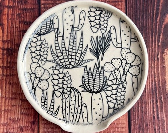 Ceramic spoon rest with cacti design, decorative kitchen accessories, pottery gift, homeware, kitchenware, ceramic gift