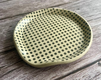 Ceramic spoon rest with dark grey polka dot design, decorative kitchen accessories, pottery gift, homeware, kitchenware, ceramic gift