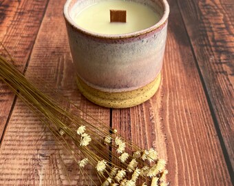 Ceramic container candle, handmade candle, wheel thrown pottery, ceramic gift, soy wax candle, hand poured, wooden wick, one of a kind gifts
