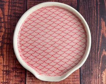 Ceramic spoon rest with red geometric design, decorative kitchen accessories, pottery gift, homeware, kitchenware, ceramic gift