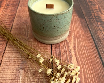 Ceramic container candle, handmade candle, wheel thrown pottery, ceramic gift, soy wax candle, hand poured, wooden wick, one of a kind gifts