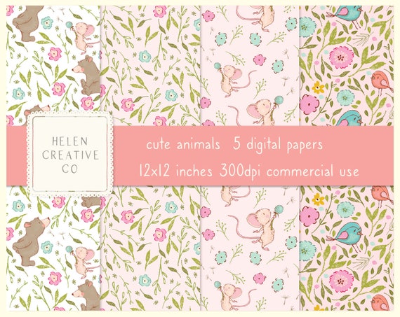 Download 5 Cute Animals Flowers Seamless Digital Papers Digital Etsy