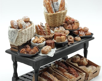 OOAK Artisan Bread & Pastry Table - 1:12 Scale Dollhouse Miniature Bakery Display