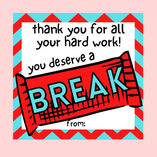 Kit Kat Thank You Card, Teacher Appreciation Card, Coworker Gift, Student Gift, Employee Gift