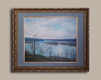 Vintage Ukrainian River Oil Painting, Framed Landscape Art