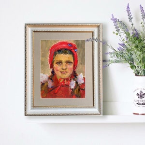 Portret małej dziewczynki w czerwonej czapeczce oryginalny olej Stary obraz 1961 Ukraińskie dzieło sztuki Portret artystyczny ukraiński artysta Tkachenko E
