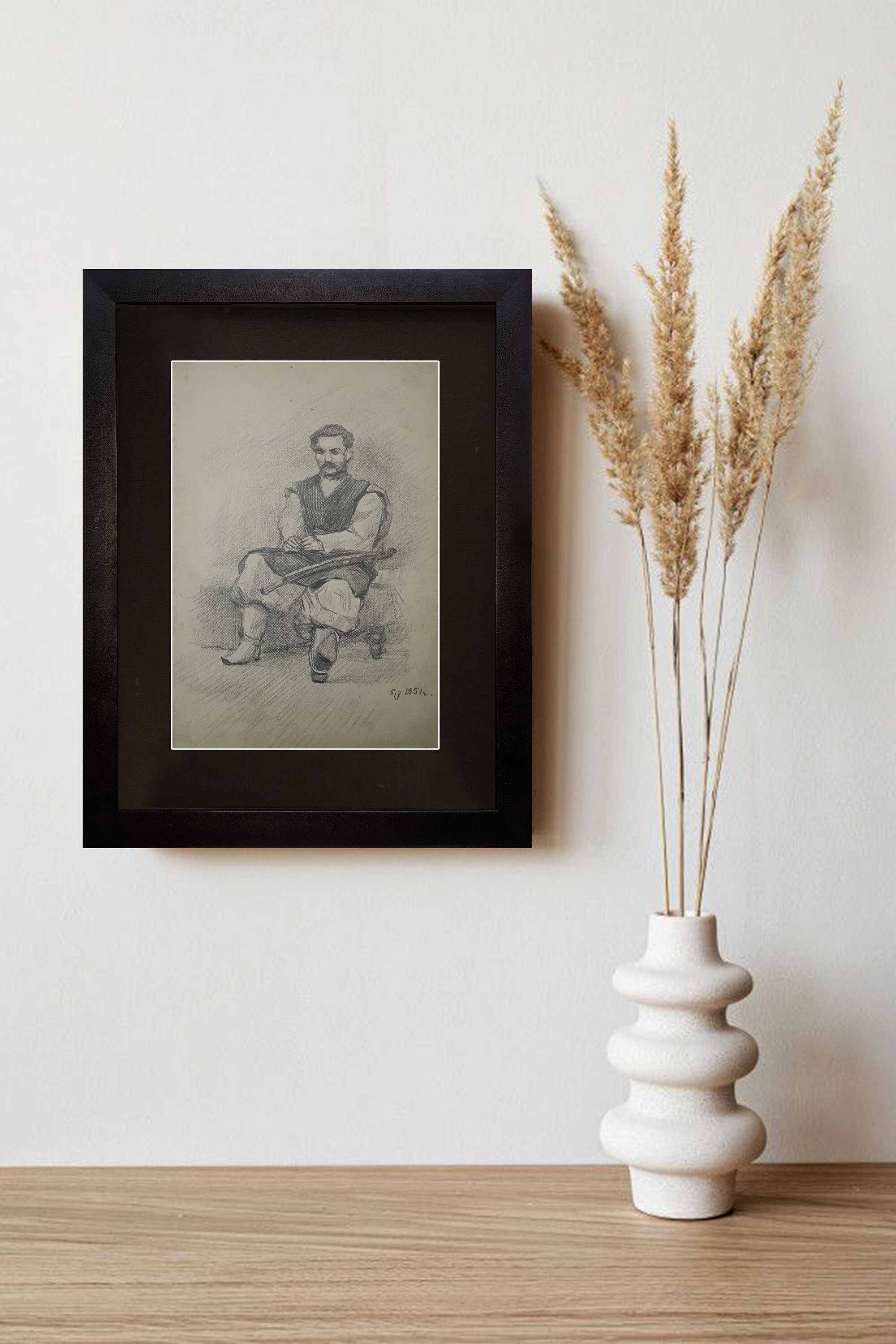 Vintage oil art Old art Black-and-white Man and saber Ukrainian drawing 1951 Painting for gift