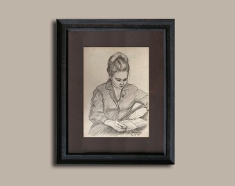 Painting portrait girl Ukrainian art Woman reading painted portrait Vintage drawing Portrait girl Ukrainian shop Ukrainian artist Tkachenko
