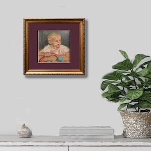 Retrato de bebé vintage – Pintura al óleo original sobre cartón – Obra de arte enmarcada de los años 80 – Decoración única para el hogar – Regalo para coleccionistas de arte