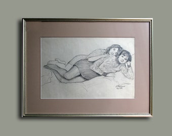 Painting original Vintage sketch two girlfriends Ukrainian art Female drawing Ukrainian shop Ukrainian artist Tkachenko Evgeniy