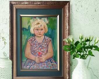 Painting Little Girl Green Portrait Original Oil, Vintage 1962, Framed Ukrainian Art
