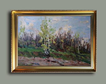 Origineel olieverfschilderij: lentebomen, impressionistisch landschap, vintage kunst jaren 1970