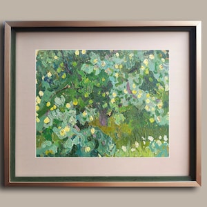 Paesaggio originale ad olio con alberi di mele in giardino, opera d'arte vintage ucraina degli anni '80, giardino di mele nel quadro dell'artista ucraina Yablonska Olena