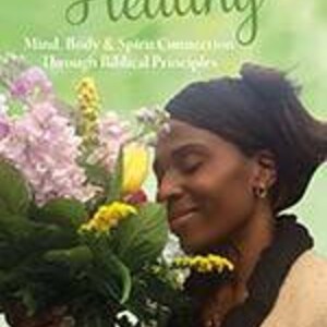 May include: A woman with a black headscarf is smelling a bouquet of purple, white, and yellow flowers. The book cover in the background reads "Please Think Healthy: Mind, Body & Spirit Connection Through Biblical Principles" by Marcia Mattox.