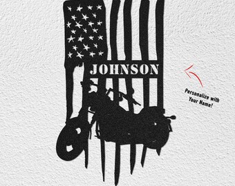 Harley Davidson Biker Metal Wall Art To Be PERSONALIZED - Patriot Flag With Family Name