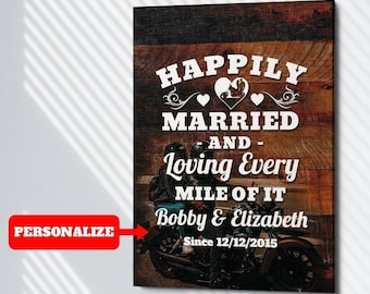 PERSONALIZED Parents Wedding Gift, Canvas Art For Biker Couple, Motorcycle Happily Married Wedding Sign - Wedding / Anniversary / Birthday