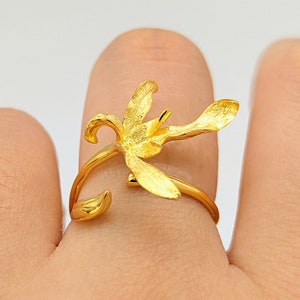 Anillo minimalista de flor de orquídea, naturaleza abierta, bosque único, cóctel, chapado en oro, anillo de plata esterlina, joyería gruesa, regalo para el Día de la Madre para la abuela.