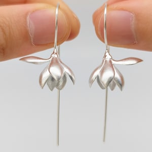 Minimalist Small Magnolia Dangle Earrings,Sterling Silver Flower Dangling,Unique Cute,Bridal Bridesmaid Jewelry,Mothers day gift for Grandma