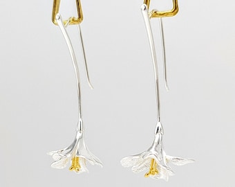 Minimalist Freesia Iris Dangling Earrings,Fairy Lily Silver Flower Dangle,Sterling Silver,Bridal Bridesmaid Jewelry,Mothers day gift Grandma