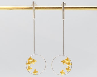 Charms Jasmine Flat Hoop Earrings, Cherry Blossom Flower Sterling Silver, Gold Dangle,Mothers day gift for Grandma,Bridal Bridesmaid Jewelry
