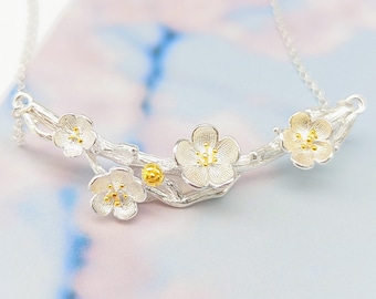 Cherry Blossom Silver Necklace,Charm Unique Fairy Gold Plant Nature Sakura,Sterling Silver,Bridal Bridesmaid Jewelry,Mothers day for Grandma
