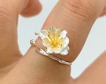 Minimalist Begonia Spring Flower Ring,Dainty Nature Rose Ring,Forest Unique Open Ring,Cocktail,Sterling Silver Ring,Mothers day for Grandma