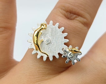 Minimalist Cat Bird Gear Ring,Big Nature Chunky Open Ring,Unique Animal Cocktail,Gold Bird Ring,Sterling Silver Cat,Mothers day for Grandma