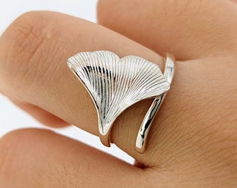 Minimalist Ginkgo Biloba Ring,Nature Silver Ginkgo Leaf Open Ring,Forest Cocktail,Sterling Silver Ring,Best Friend,Mothers day for Grandma