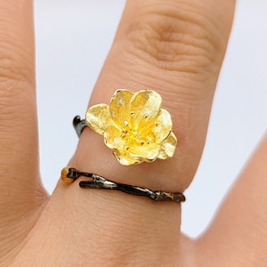 Minimalist Begonia Vergoldeter Blumenring, zierlicher Goldrosenring, Waldnatur offen, Cocktail, Sterlingsilberring, Muttertag für Großmutter