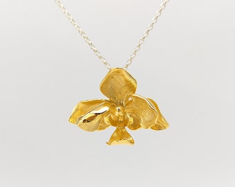 Orchid Gold Flated Necklace,Charm Unique Nature Gold Flower Necklace,Sterling Silver,Bridal Bridesmaid Jewelry,Mothers day Gift for Grandma