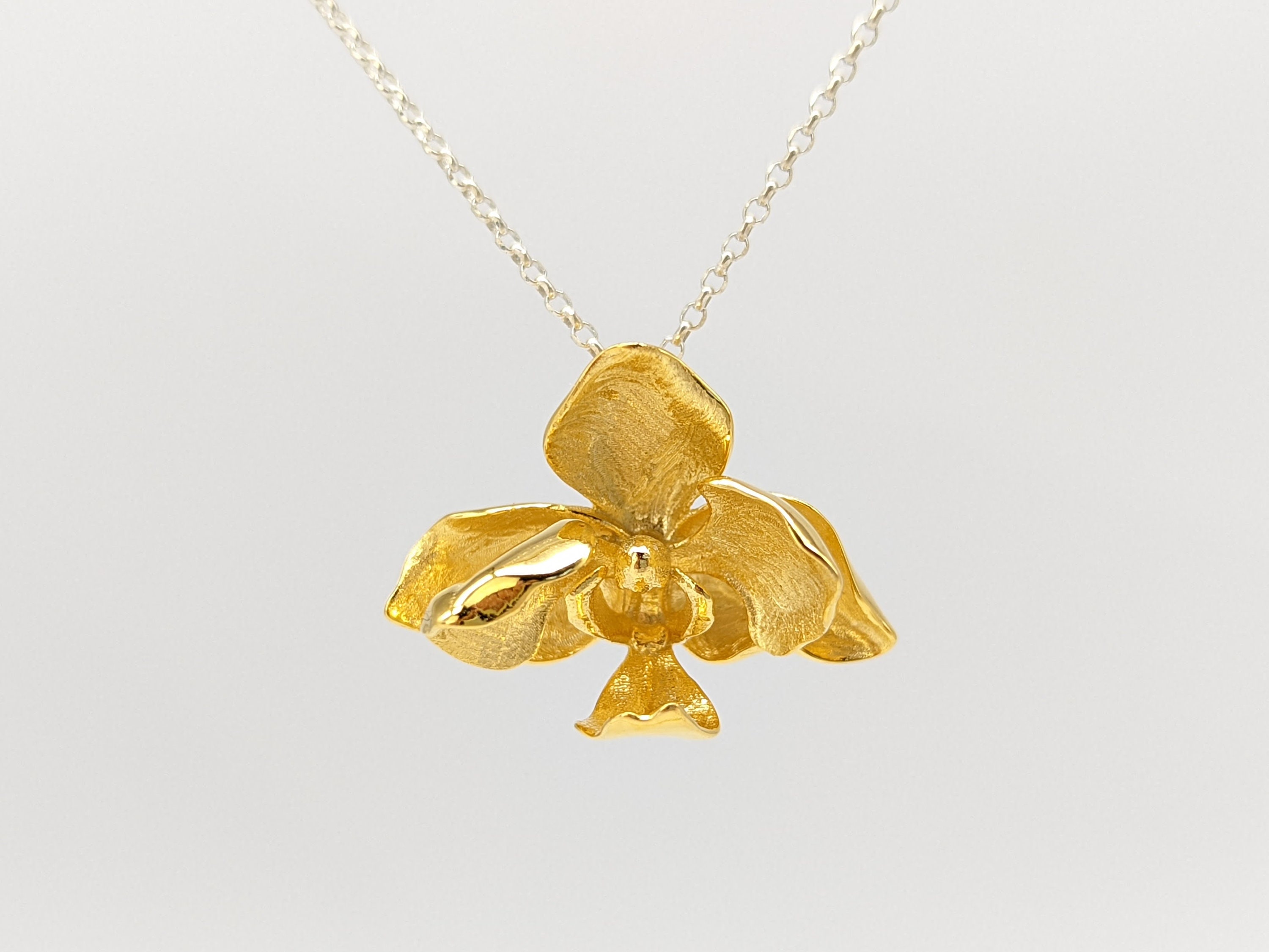 Orchid Gold Flated Necklace,Charm Unique Nature Gold Flower Necklace,Sterling Silver,Bridal Bridesmaid Jewelry,Mothers day Gift for Grandma