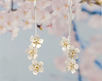 Minimalist Forget Me Not Dangling Earrings,Flower Dangle,Sterling Silver Cherry Blossom,Bridal Bridesmaid Jewelry,Mothers day gift Grandma