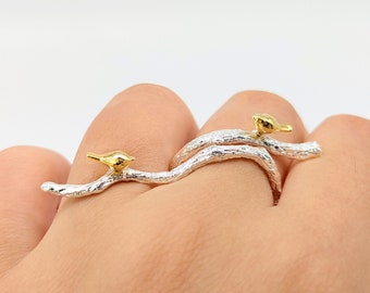 Minimalist Gold Bird Twig Ring,Big Nature Animal Open Ring,Branch,Unique Forest Chunky Cocktail Ring,Sterling Silver,Mothers day for Grandma