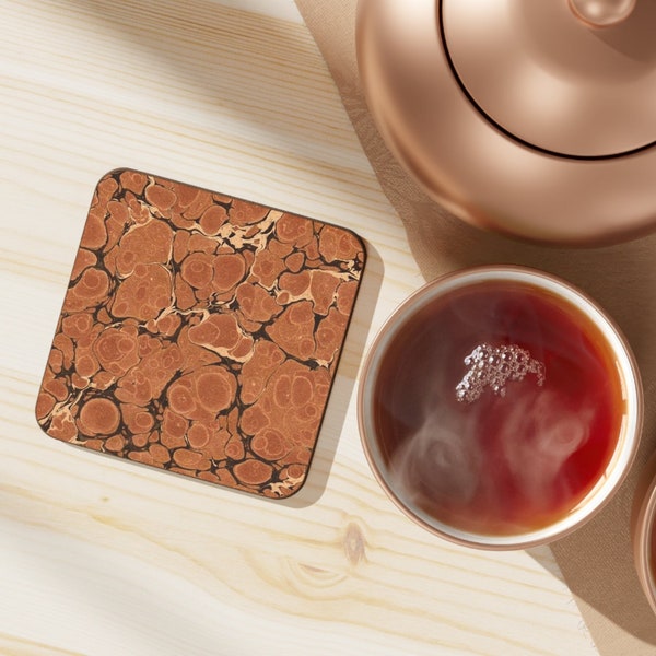 Set of 6 Cork Back Coasters for Drinks, Square or Round 9.5cm (3.75in), featuring Dodin's Marbled Design a893