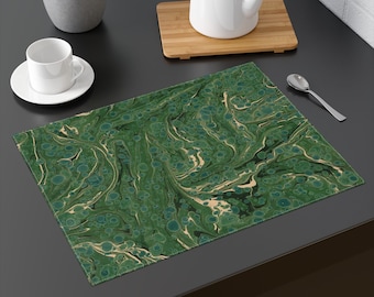Set of 6 Green Cotton Placemats featuring Marbled Design 14x18in 35.6x45.7cm Washable, Unique Artistic Design f214 by Dodin's
