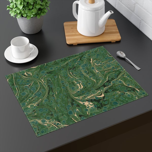 Set of 4 Green Cotton Placemats featuring Dodin's Marbled Design f214, 35.6x45.7cm 14x18in Washable