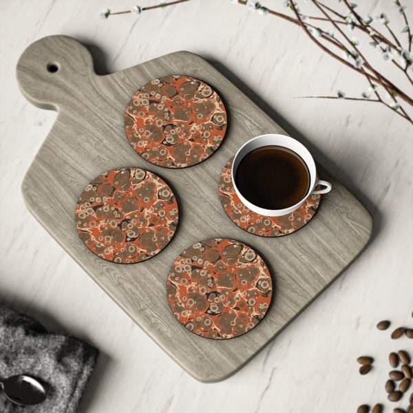 Set of 4 Cork Back Coasters for Drinks, Square or Round 9.5cm (3.75in), featuring Dodin's Marbled Design f033