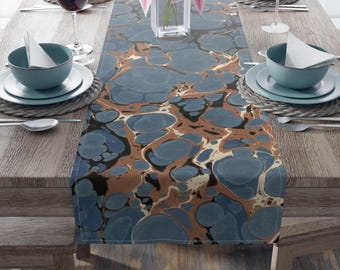 Blue Cotton Table Runner featuring Marbled Design, 2 Sizes, Washable, Unique Artistic Design f441 by Dodin's