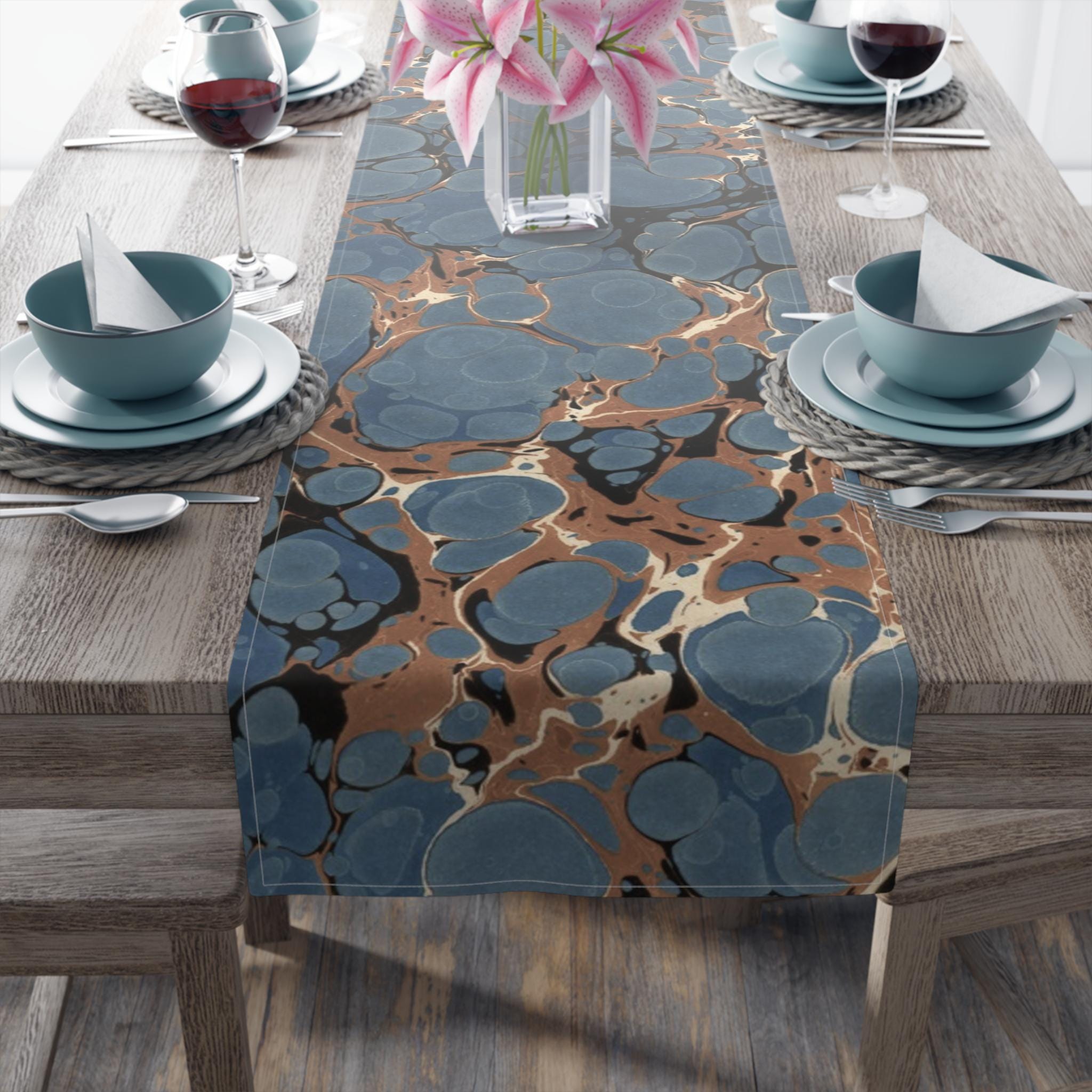 Blue Cotton Table Runner featuring Marbled Design, 2 Sizes, Washable, Unique Artistic Design f441 by Dodin's