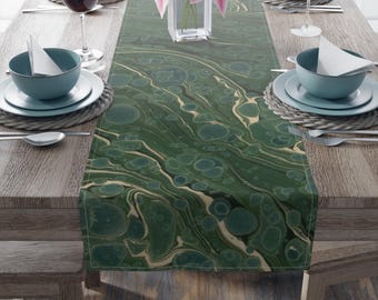 Green Cotton Table Runner featuring Marbled Design, 2 Sizes, Washable, Unique Artistic Design f214 by Dodin's